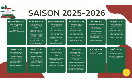 Bonne Rentrée à toutes et tous ! Calendrier des Evènements du TCCR 2025 2026